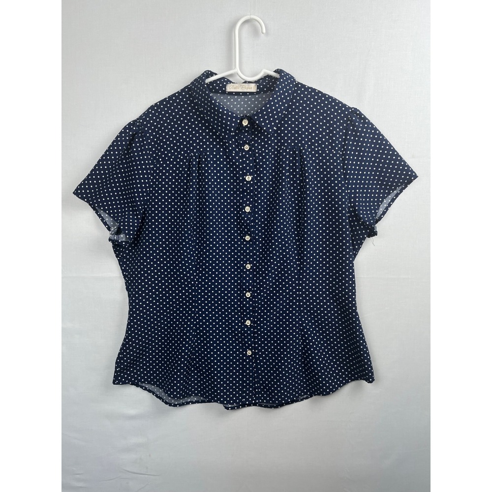 Belle Poque Womens 2XL Polka Dot Button Up Short Sleeve Blouse Navy Blue White